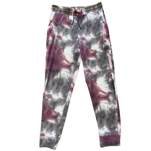 SO Waffle Knit Hacci Drawstring Joggers Black & Burgundy Tie Dye Junior’s Large - Picture 3 of 4